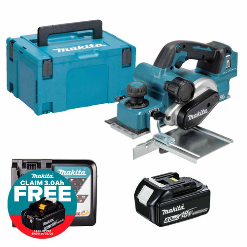 Makita DKP181Z LXT 18V Brushless 82mm Planer with 1x 6.0Ah Battery, Charger and Makpac Carry Case