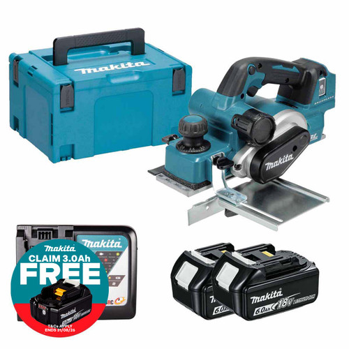 Makita DKP181Z LXT 18V Brushless 82mm Planer with 2x 6.0Ah Batteries, Charger and Makpac Carry Case