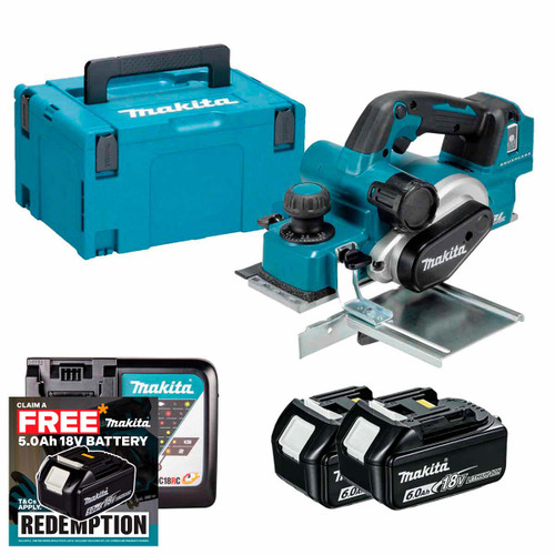 Makita DKP181Z LXT 18V Brushless 82mm Planer with 2x 6.0Ah Batteries, Charger and Makpac Carry Case