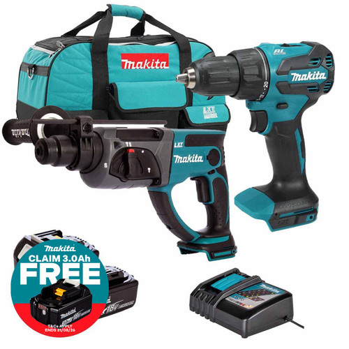Makita 18V LXT Brushless SDS+ Rotary Hammer and Combi Drill Kit with 2x 5.0Ah Batteries, Charger and Tool Bag