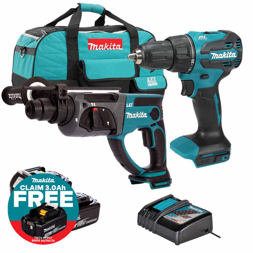 Makita 18V LXT Brushless SDS+ Rotary Hammer and Combi Drill Kit with 2x 5.0Ah Batteries, Charger and Tool Bag