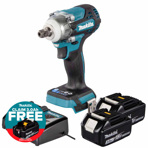 Makita DTW301Z 18V LXT Brushless 1/2" Impact Wrench with 2x 3.0Ah Batteries, Charger and Makpac 3 Case