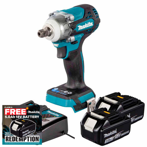 Makita DTW301Z 18V LXT Brushless 1/2" Impact Wrench with 2x 3.0Ah Batteries, Charger and Makpac 3 Case