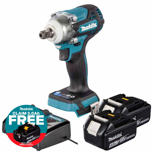 Makita DTW301Z 18V LXT Brushless 1/2" Impact Wrench with 2x 4.0Ah Batteries, Charger and Makpac 3 Case