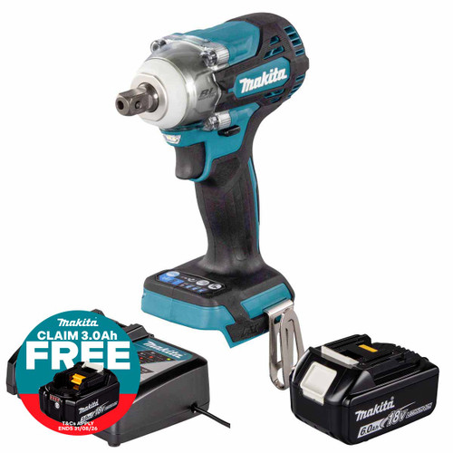 Makita DTW301Z 18V LXT Brushless 1/2" Impact Wrench with 1x 6.0Ah Battery, Charger and Makpac 3 Case