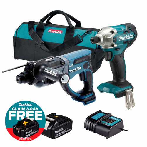 Makita 18V Rotary Hammer & Impact Driver Kit with 2x 5.0Ah Batteries, Charger and Tool Bag