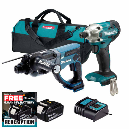 Makita 18V Rotary Hammer & Impact Driver Kit with 2x 5.0Ah Batteries, Charger and Tool Bag