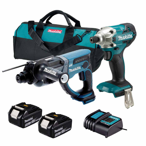 Makita 18V Rotary Hammer & Impact Driver Kit with 2x 5.0Ah Batteries, Charger and Tool Bag