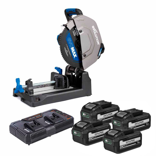 Evolution S355CPS-Li Twin 18V Brushless 355mm Metal Cutting Chop Saw with 4x 8.0Ah Batteries and Dual Port Fast Charger