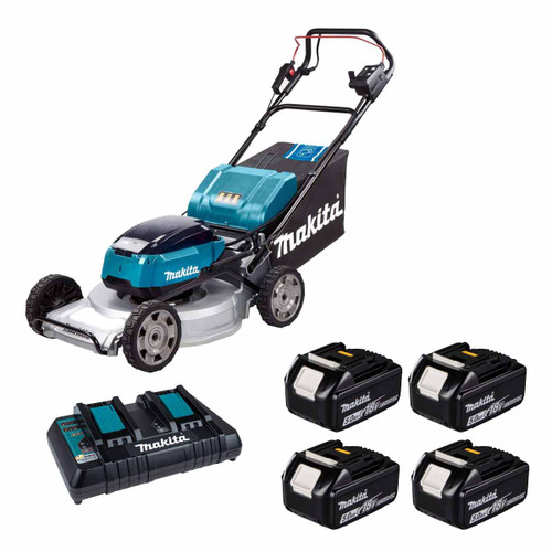 Makita DLM533 Twin 18V LXT Brushless 530mm Aluminium Deck Self Propelled Lawnmower with 4x 5.0Ah Batteries & Twin Fast Charger
