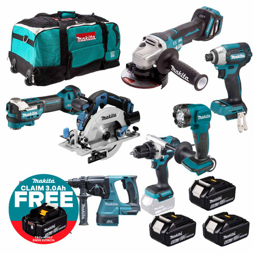 Makita 18V 7 Piece Kit with 3x 6.0Ah Batteries, Charger and Tool Bag