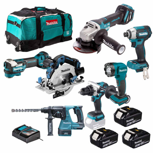 Makita 18V 7 Piece Kit with 3x 6.0Ah Batteries, Charger and Tool Bag