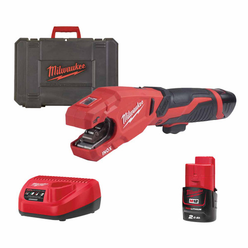 Milwaukee M12 PCSS-202C Raptor 12V Stainless Steel Pipe Cutter with 2x 2.0Ah Batteries, Charger & Kitbox