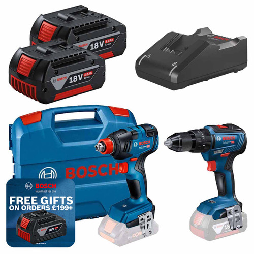 Bosch GSB18V-55 Combi Drill and GDX18V-200 Impact Wrench in L-Case with 2x 4.0Ah Battery & Charger