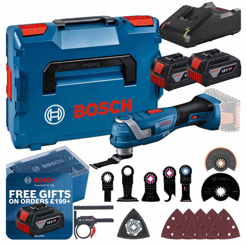 Bosch GOP18V-34 18V Starlock Multi Tool with 2 x 5.0Ah Batteries, GAL18V-40 Charger, Accessories and L-Boxx