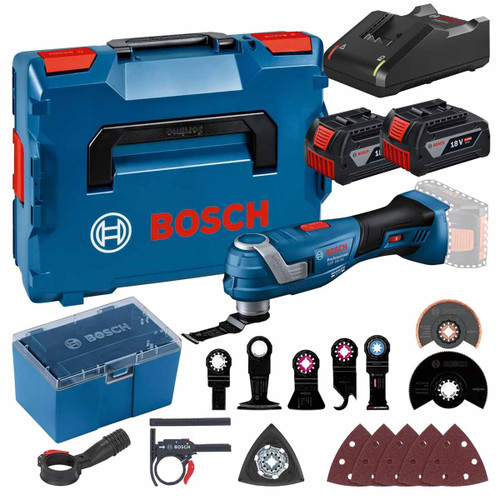 Bosch GOP18V-34 18V Starlock Multi Tool with 2 x 5.0Ah Batteries, GAL18V-40 Charger, Accessories and L-Boxx