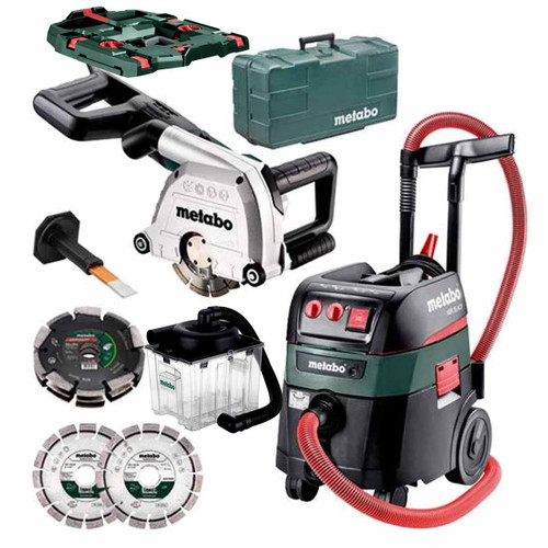 Metabo MFE40 Wall Chaser and ASR35MACP 35L M-Class Vacuum M-Class Triple Blade Kit with Pre-Seperator and Adaptor 240V