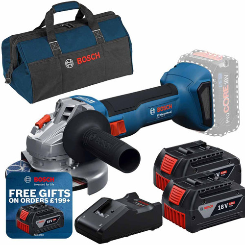 Bosch GWS18V-8 18V 125mm Brushless Grinder with 2x 4.0Ah Battery, GAL18V-40 Charger and Bag