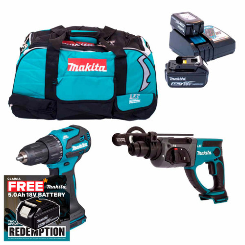 Makita DLX2025M 18V Drill & SDS+ Twin Pack with 2x 4.0Ah Batteries