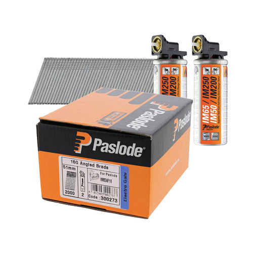 Paslode 300273 F16 1.6mm x 51mm Galvanised Angled Brad Nails (2000 Pack & 2 Fuel Cells)