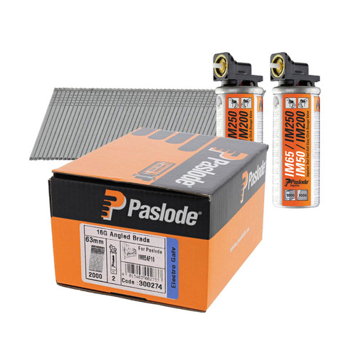 Paslode 300274 F16 1.6mm x 63mm Galvanised Angled Brad Nails (2000 Pack & 2 Fuel Cells)