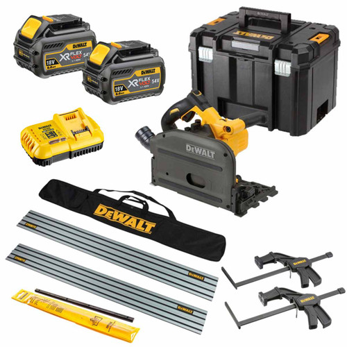 DeWalt DCS520T2 XR 165mm Flexvolt Plunge Saw 54V Complete Guide Rail Kit with 2 x 6.0Ah Batteries & Fast Charger