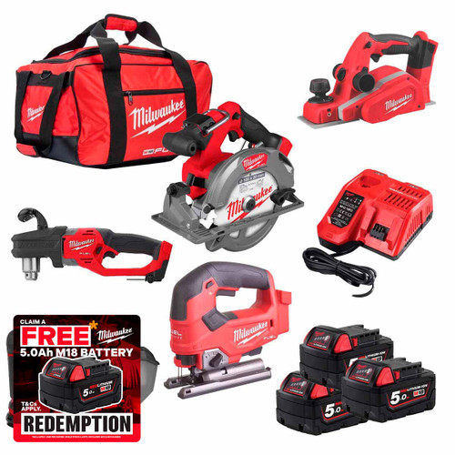 Milwaukee M18FPP5L 18V FUEL Woodworking 5pc Kit with 3x 5.0Ah Batteries