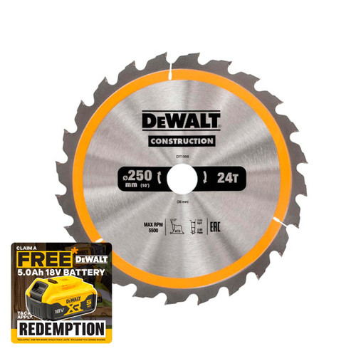 DeWalt DT1956 Stationary Construction Circular Saw Blade 250 x 30mm x 24T ATB/Neg (DT1956)