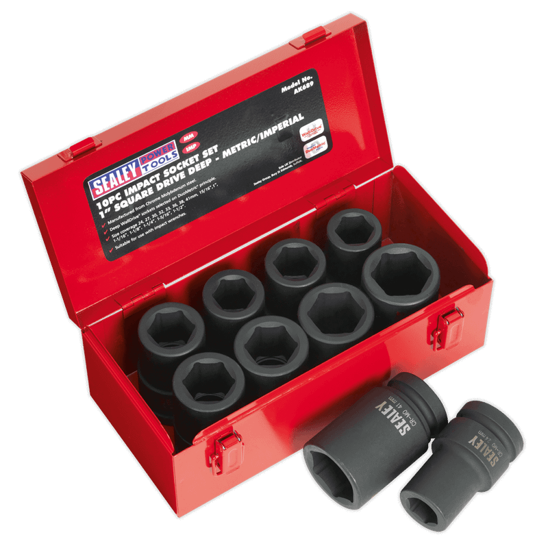 Sealey AK689 Impact Socket Set 10pc Deep 1"Sq Drive Metric/Imperial