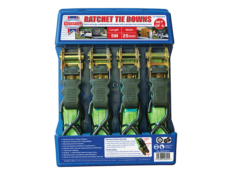 Faithfull FAITDRATSET4 Ratchet Tie-Downs 5m x 25mm Green (4 Pieces)