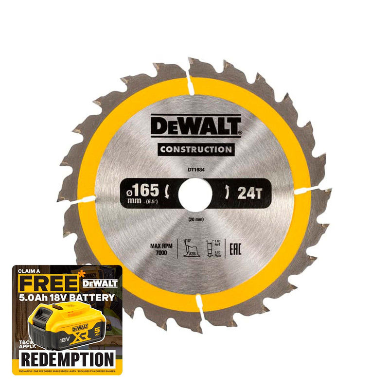 DeWalt DEWDT1934QZ Portable Construction Circular Saw Blade 165 x 20mm x 24T | Toolden