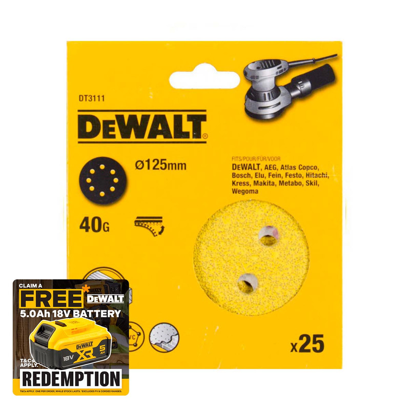 DeWalt DT3111-QZ  125mm 40G Sanding Disc for Orbit Sander (25pk)  | Toolden