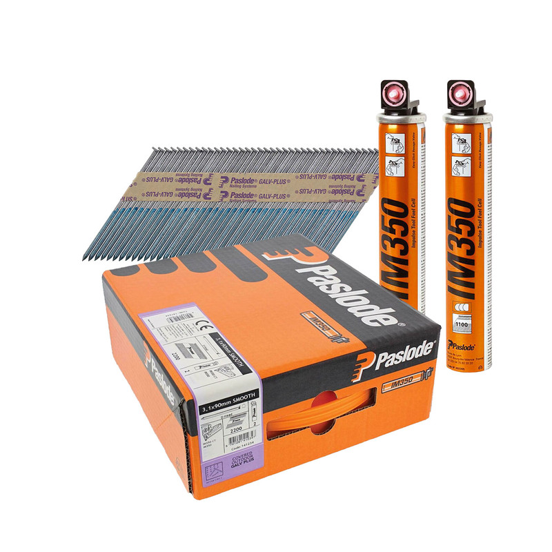 Paslode IM350 3.1mm x 90mm Galvanised-Plus® Smooth Nail Fuel Pack 141234 (2200 Pack + 2 Fuel Cells)