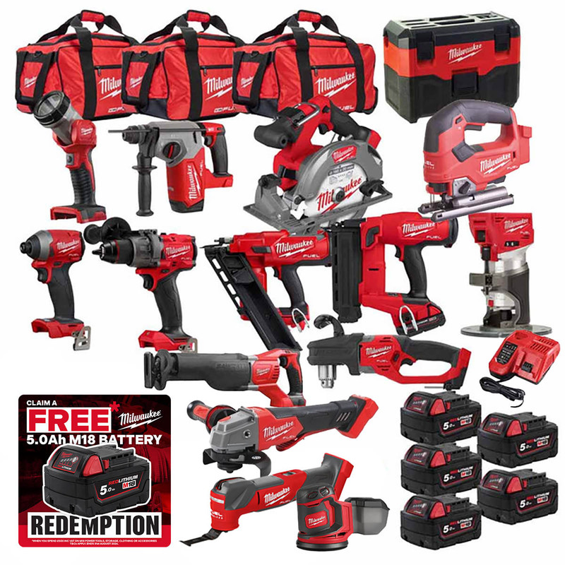 Milwaukee M18KIT1 18V Cordless 15 Piece Kit with 5x 5.0Ah Batteries