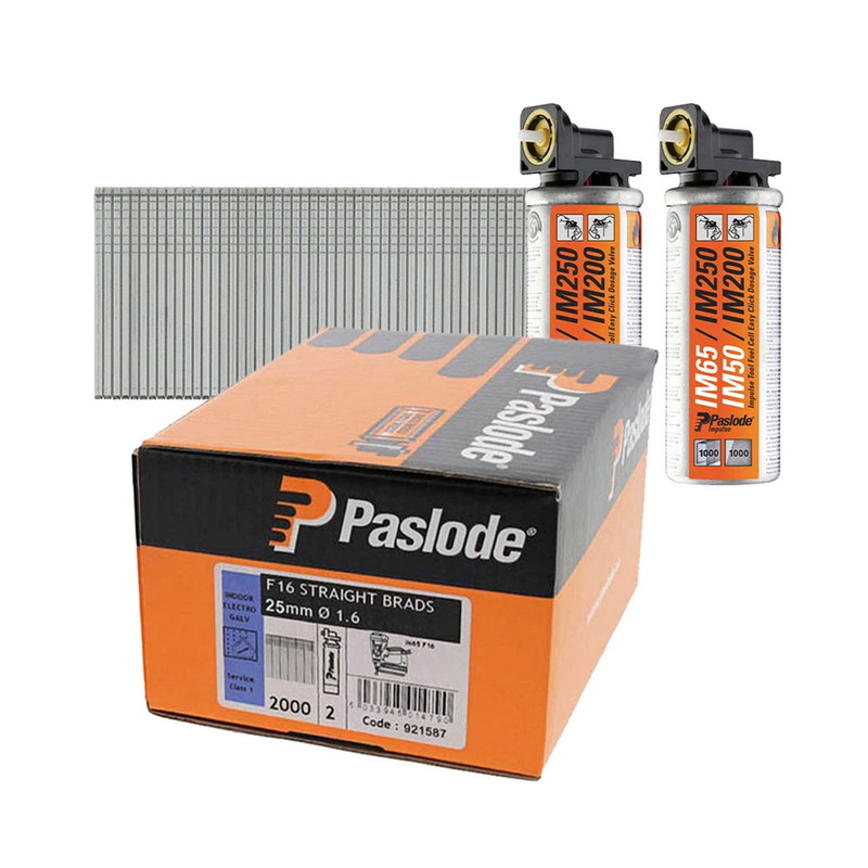Paslode IM65 F16 25mm Electro Galvanised Straight Brad Nails 921587 (2000 Pack + 2 Fuel Cells)