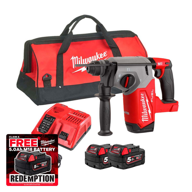 Milwaukee M18 FH-502X 18V Fuel 4-Mode 26mm Brushless SDS Plus Hammer Drill with 2x 5.0Ah Batteries