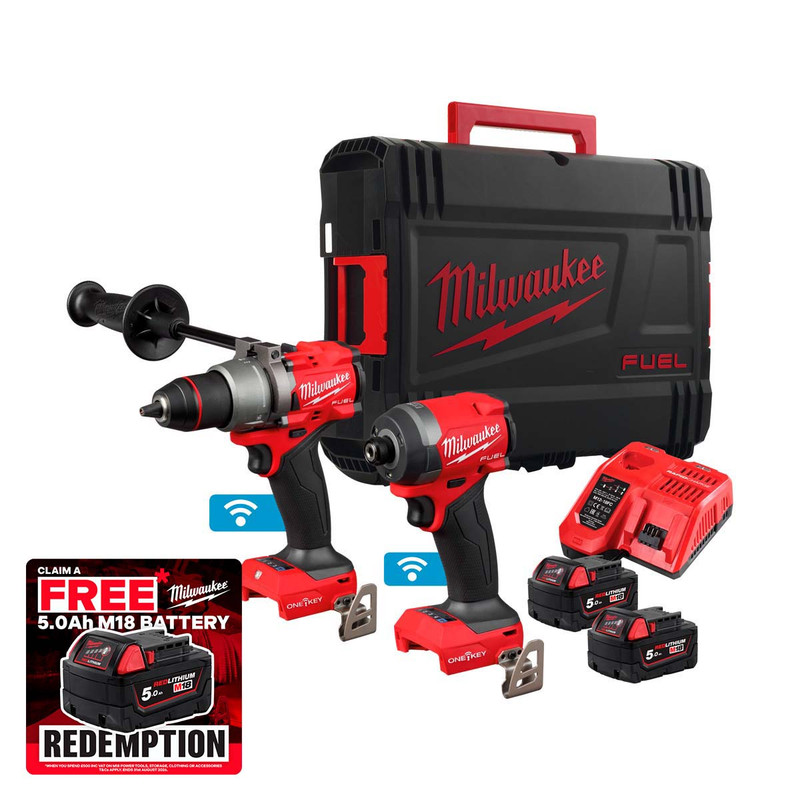 Milwaukee M18 ONEPP2A3-502X 18V One-Key™ Impact Driver & Combi Drill Twin Pack with 2x 5.0Ah Batteries