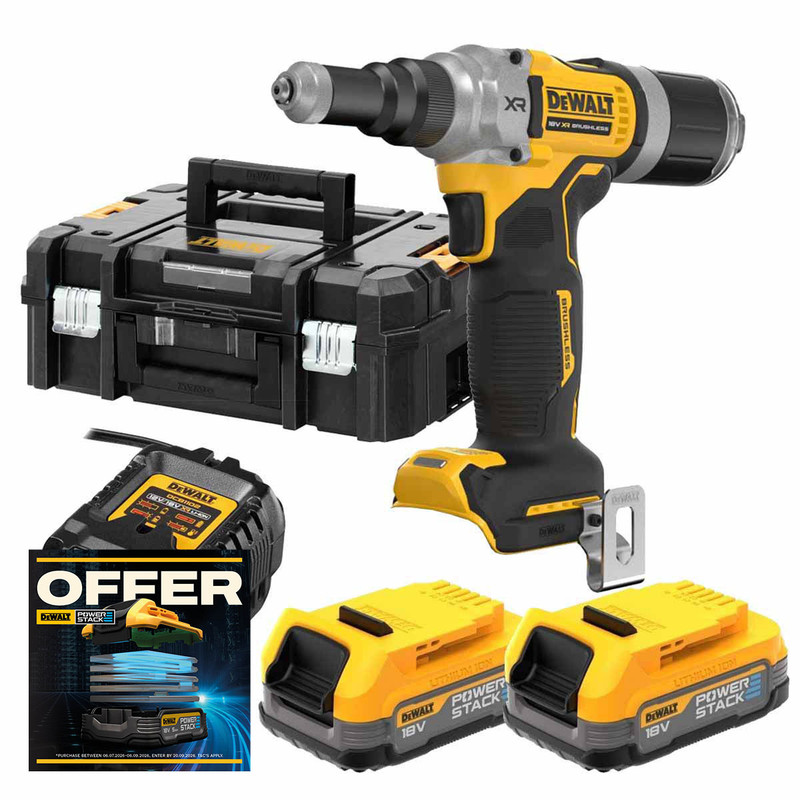 DeWalt DCF414E2T-GB 18V XR 1/4'' Brushless Riveter with 2x 1.7Ah Powerstack Batteries