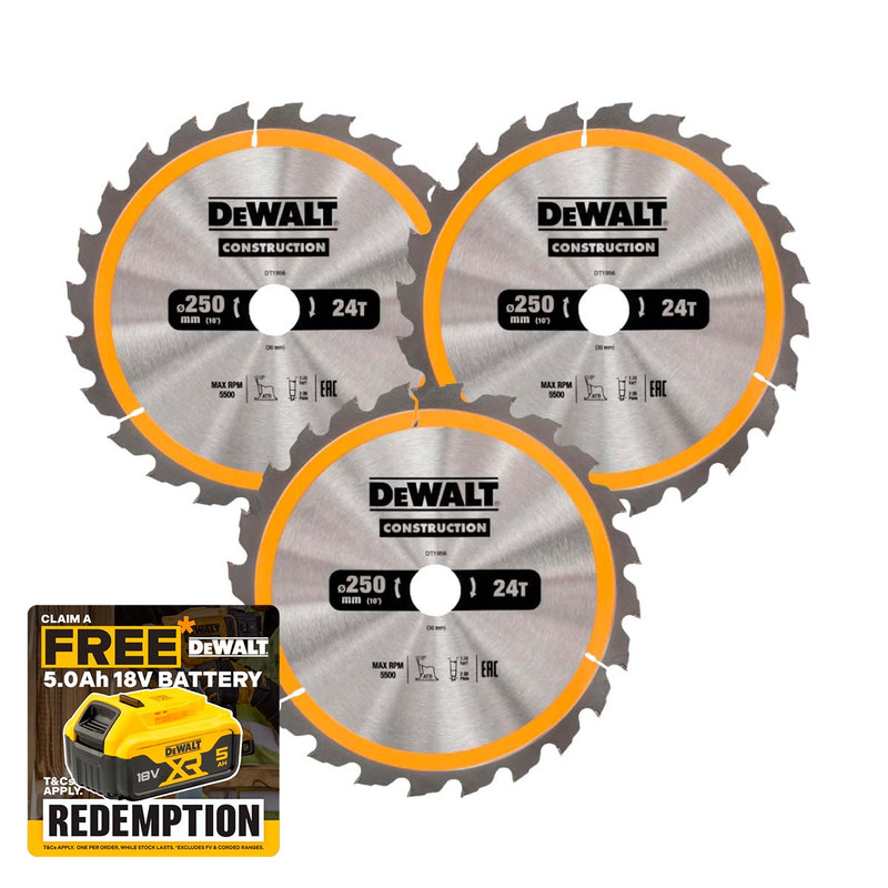 DeWalt DT1956-QZ Construction Circular Saw Blade 250 x 30mm 24T (3 Pack)