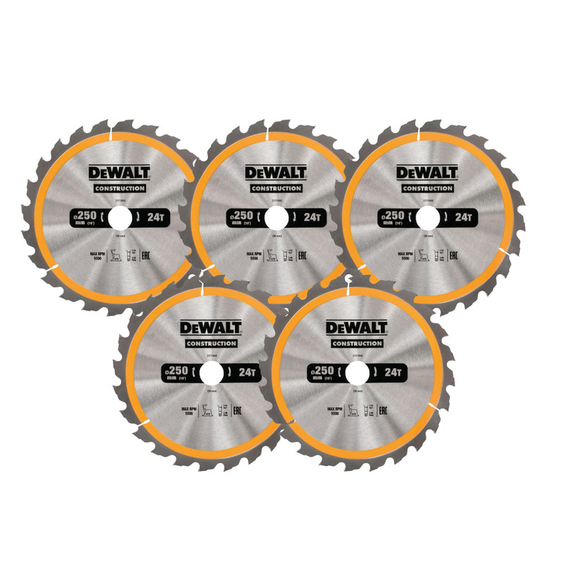 DeWalt DT1956-QZ Construction Circular Saw Blade 250 x 30mm 24T (5 Pack)