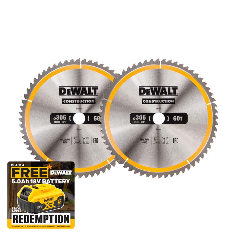 DeWalt DT1960-QZ Construction Circular Saw Blade Fine Finish 305 x 30mm 60T (2 Pack)