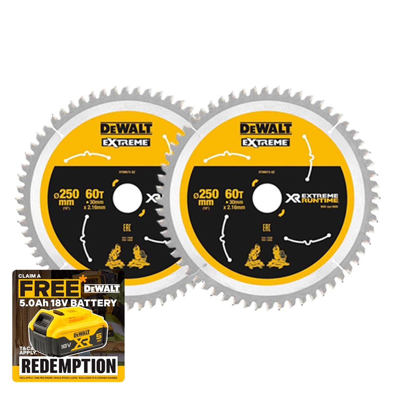 DeWalt DT99573 XR 250 x 30mm 60T Extreme Runtime Circular Saw Blade (2 Pack)