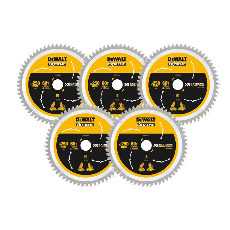 DeWalt DT99573 XR 250 x 30mm 60T Extreme Runtime Circular Saw Blade (5 Pack) 