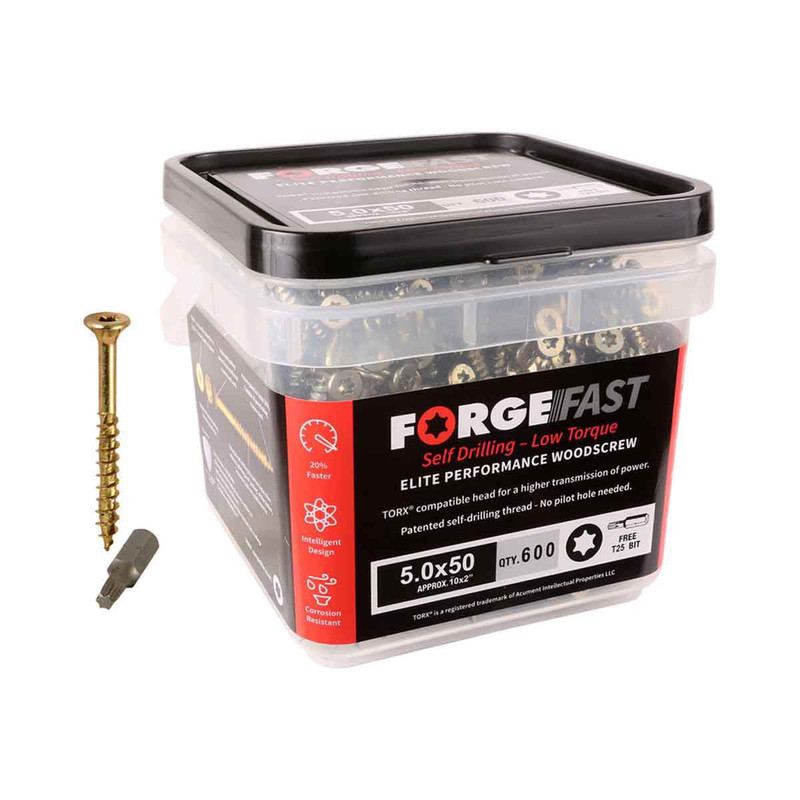 ForgeFast 6.0 x 50mm Torx Countersunk Self Drilling Wood Screw Zinc Yellow FFT650Y (Tub of 100)