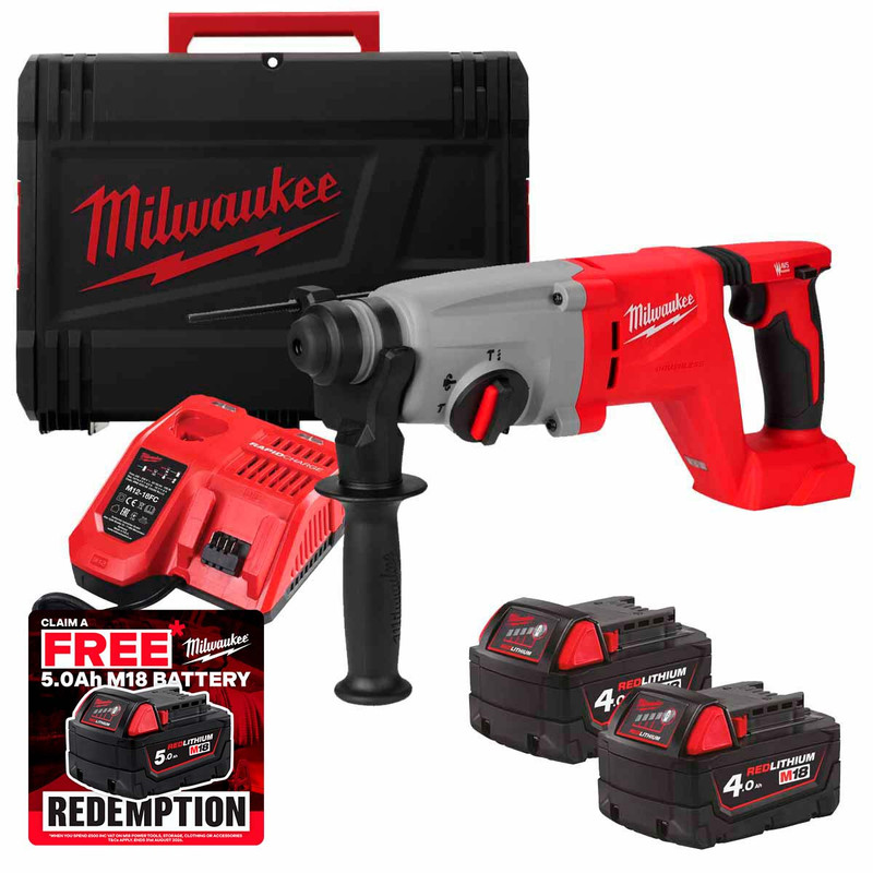 Milwaukee M18 BLHACD26-402X 18V Brushless 26mm SDS Plus D-Handle Hammer with 2x 4.0Ah Batteries