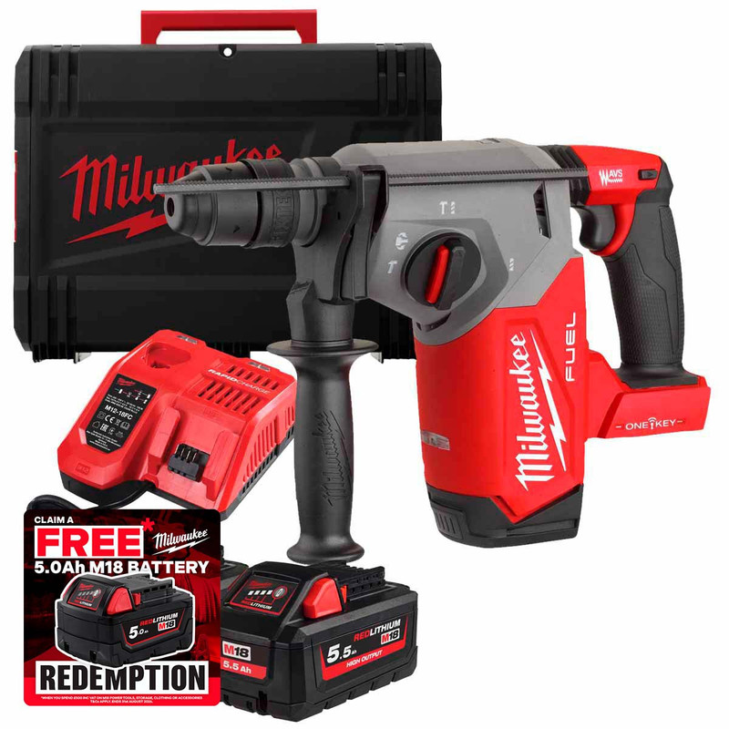 Milwaukee M18 ONEFHX-552X 18V Brushless 4-Mode 26mm SDS Plus Hammer with 2x 5.5Ah Batteries