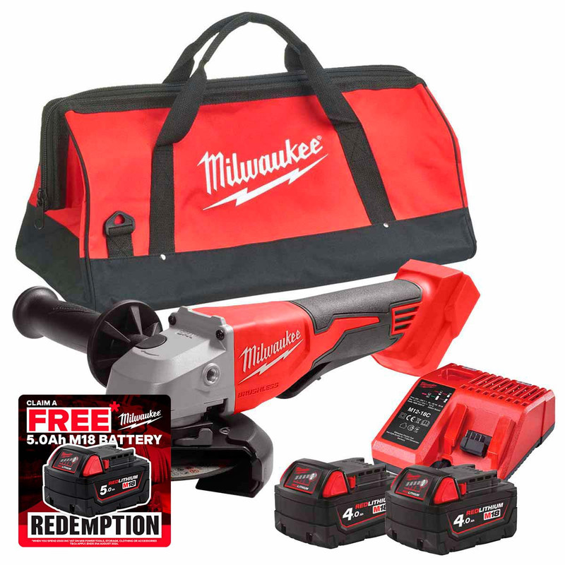 Milwaukee M18 BLSAG115XPD-402X 18V Brushless 115mm Paddle Switch Angle Grinder with 2x 4.0Ah Batteries