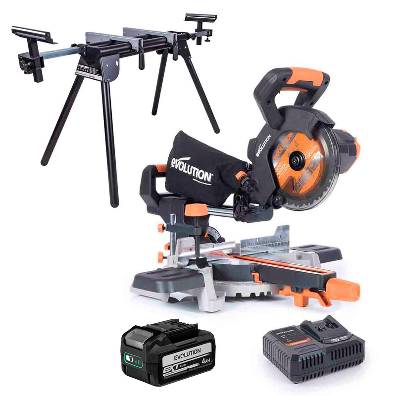 Evolution Cordless R185SMS-Li 185mm Sliding Mitre Saw with Stand & 4.0Ah Battery