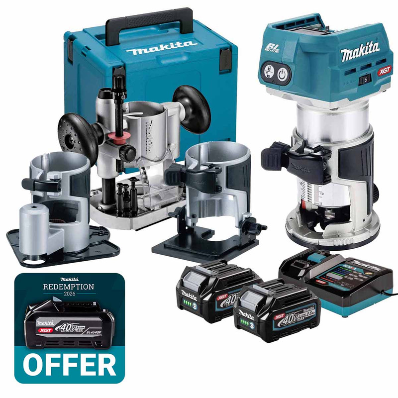 Makita RT001GZ16 40V Max XGT 1/4" & 3/8" Trimmer with 2x 2.5Ah Batteries & 3x Trimmer Bases