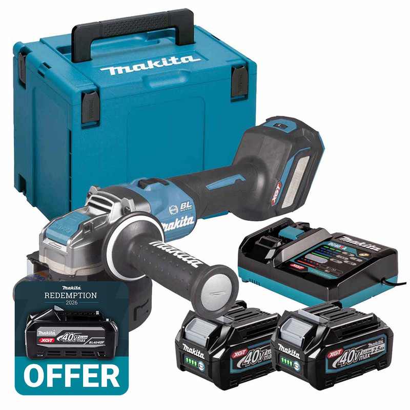 Makita GA041GD202 40V Max XGT 125mm Brushless Angle Grinder with 2 x 2.5Ah Batteries